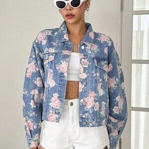 DAZY Floral Print Drop Shoulder Flap Pocket Denim Jacket Size S NWT
